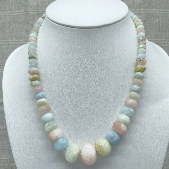 Jay King Aquamarine & Morganite Bead Necklace Pastel Graduated Facetted Rondelle - Picture 14 of 16